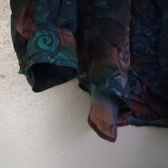 Punch Vintage L Silk Button Down Volcano Sun Pattern Top Blouse Turquoise Tan - Picture 13 of 16